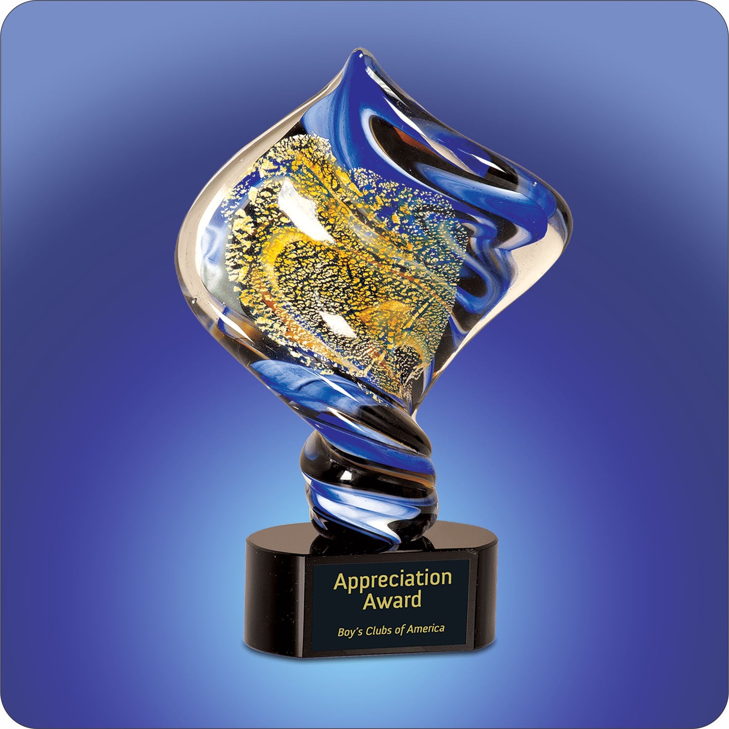 #KAGS13 - 11" Blue/Gold Diamond Twist Art Glass Award