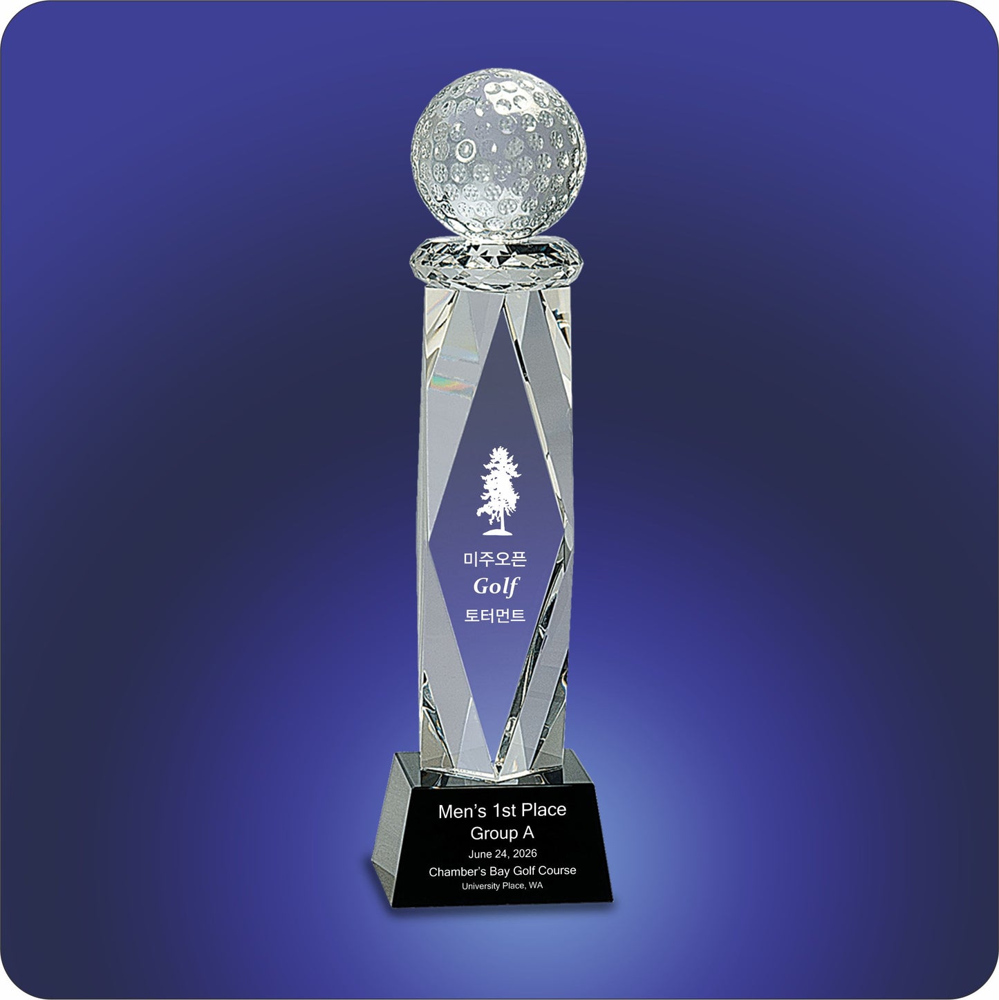 #JCRY058M - 10.75" Clear Crystal Golf Ball on Facet Column w/Black Base