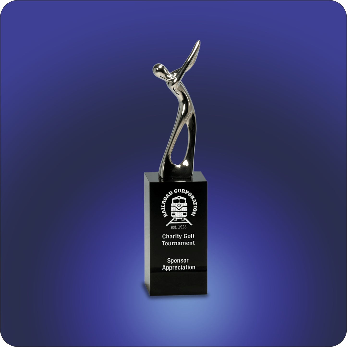 #JCRY145S - 8.5" Silver Metal Golf Figure on Black Crystal Pedestal
