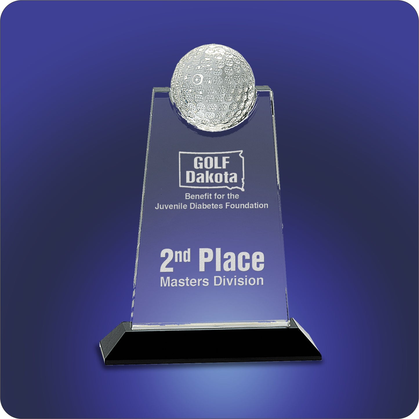 #JCRY307 - 9" Clear Crystal Tablet with Inset Golf Ball on Black Pedestal Base