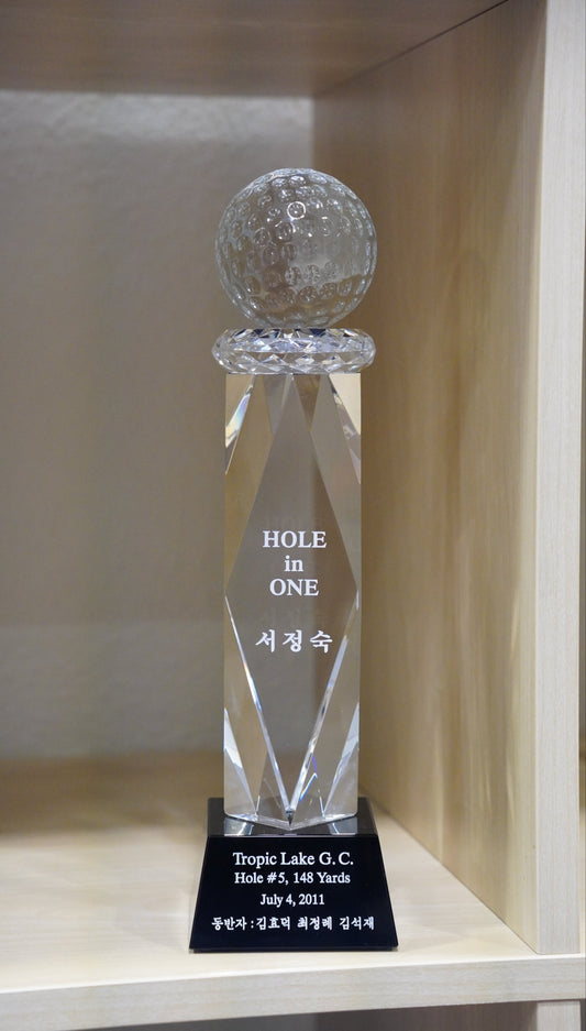 #JCRY058M - 10.75" Clear Crystal Golf Ball on Facet Column w/Black Base