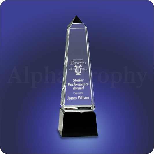 #JCRY003S - 8" Obelisk Crystal on Black Pedestal Base