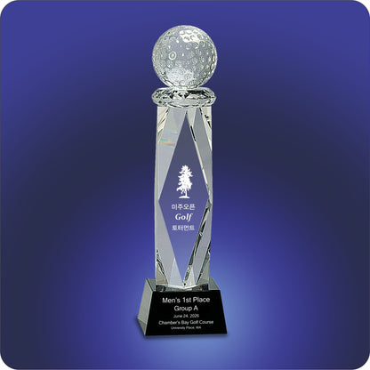 #JCRY058M - 10.75" Clear Crystal Golf Ball on Facet Column w/Black Base