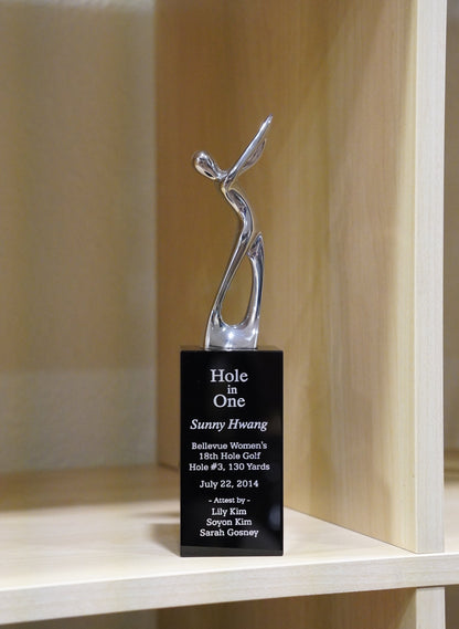 #JCRY145M - 9.5" Silver Metal Golf Figure on Black Crystal Pedestal