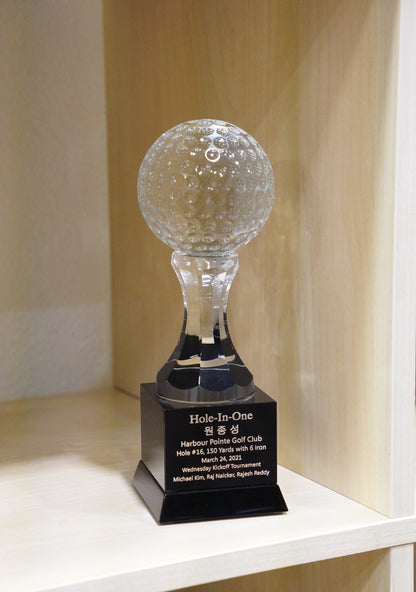 #JCRY008G - 9" Crystal Golf Ball on Black Pedestal