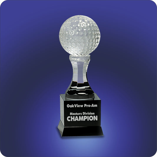 #KCRY008G - 9" Crystal Golf Ball on Black Pedestal