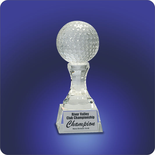 #KCRY151 - 7.75" Crystal Golf Ball w/Clear Pedestal Base