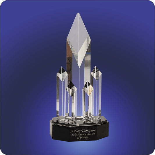 #JCRY6924M - 11" Crystal 5 Column Rising Diamond Award w/Black Base