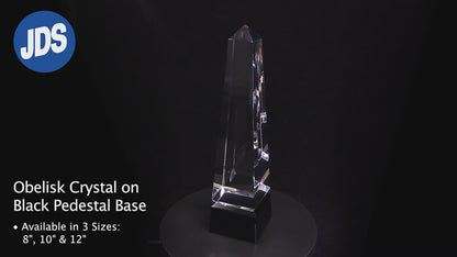 #JCRY003L - 12" Obelisk Crystal on Black Pedestal Base